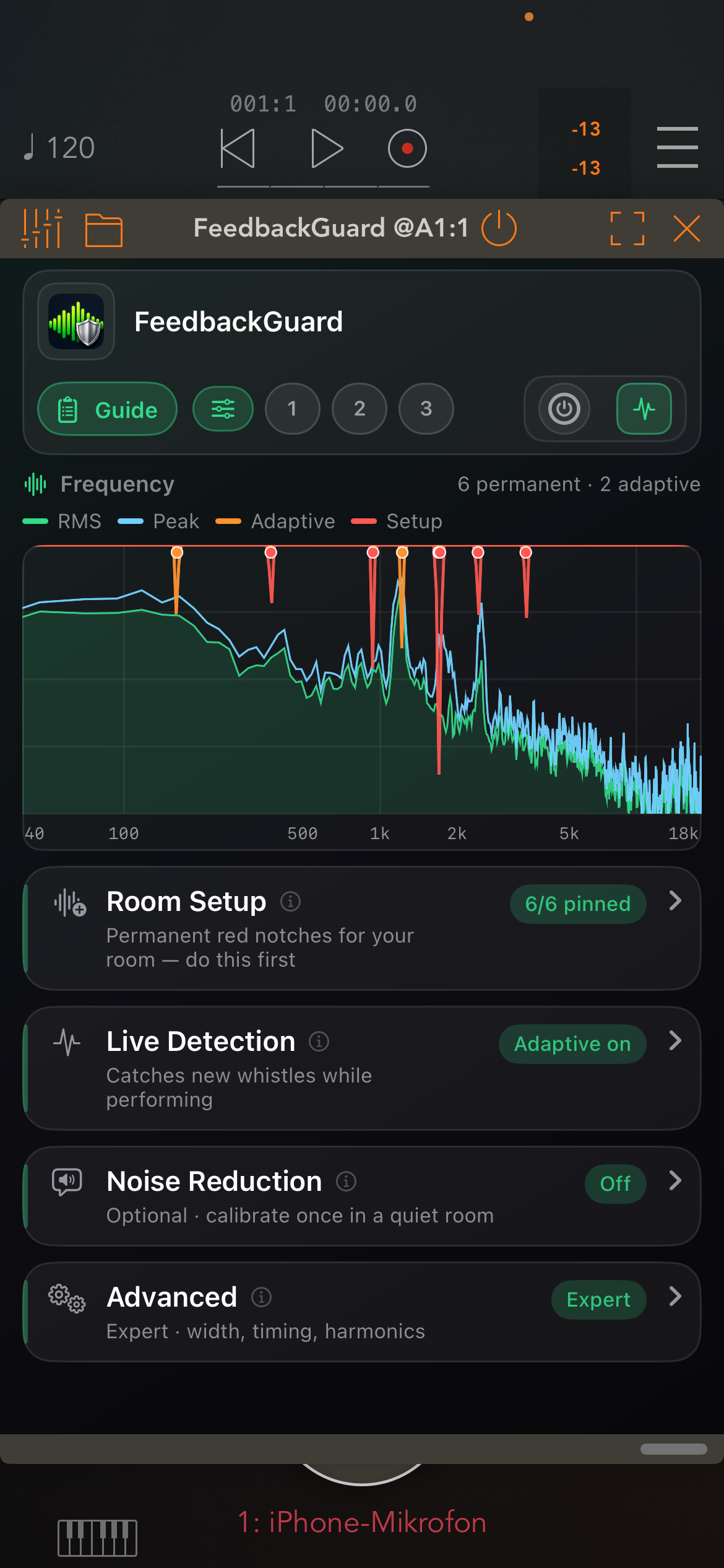 FeedbackGuard on iPhone — Room Setup and spectrum
